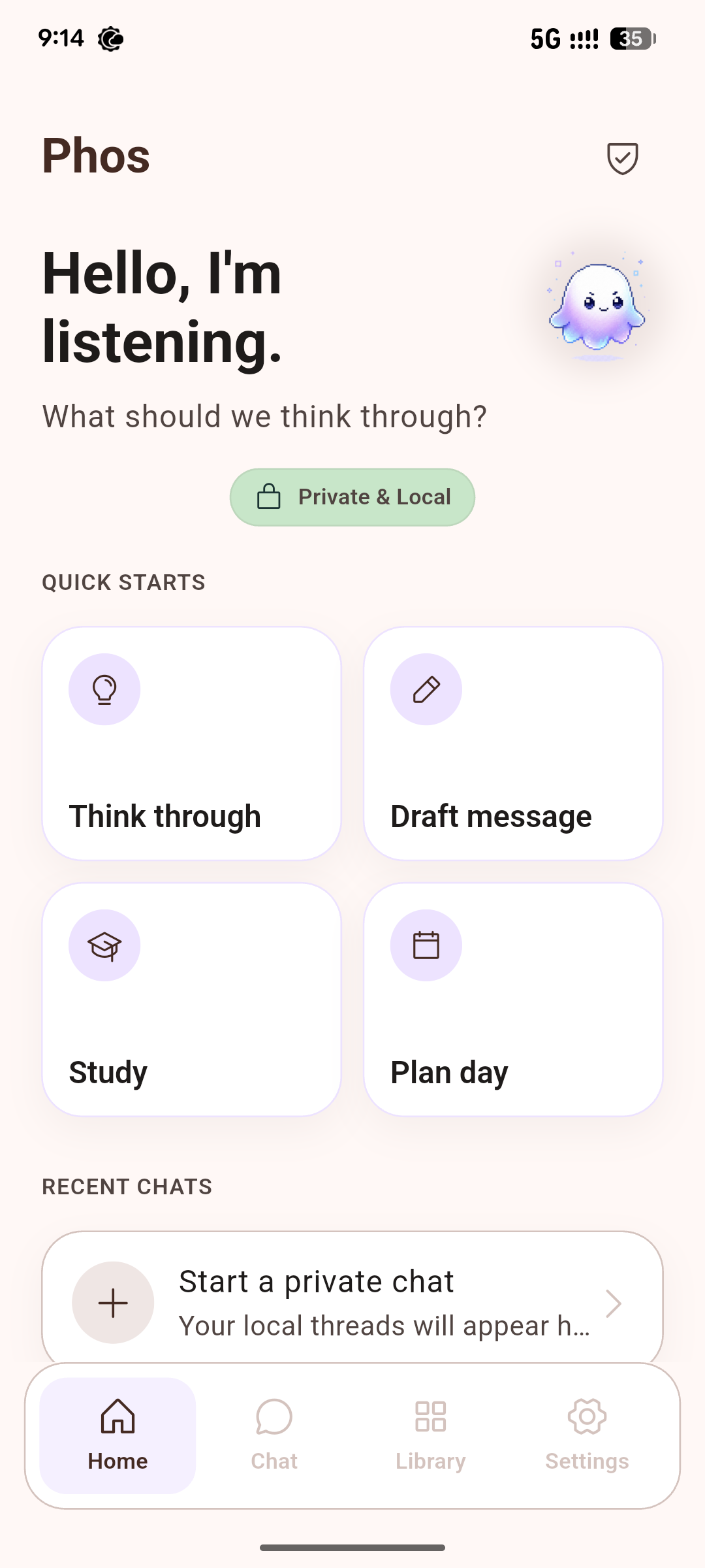 Phos app home screen showing quick starts and mascot